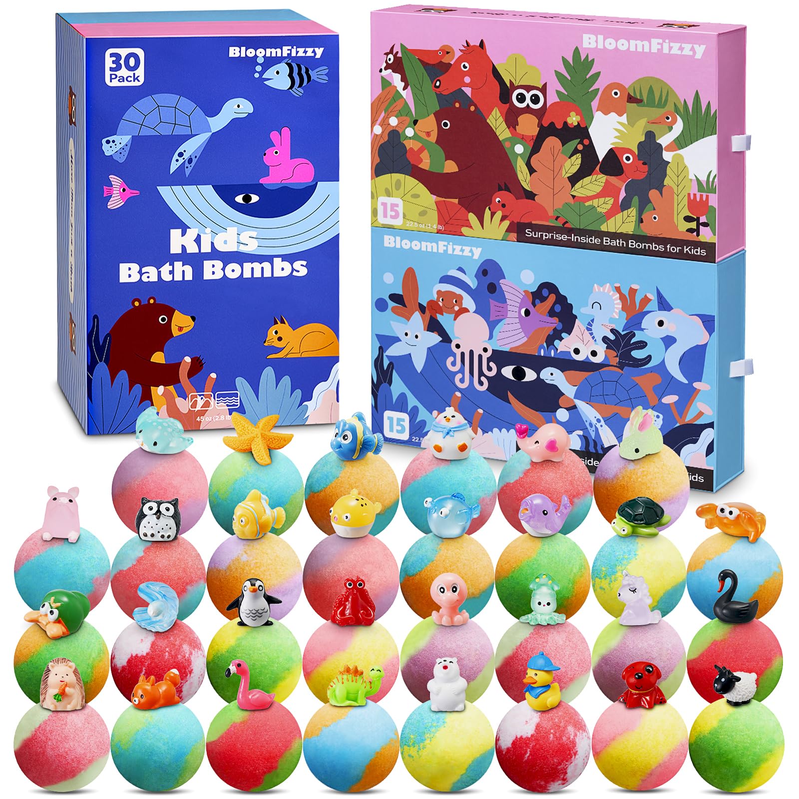 BloomFizzy land and sea bath bombs in box front spark imaginative play.