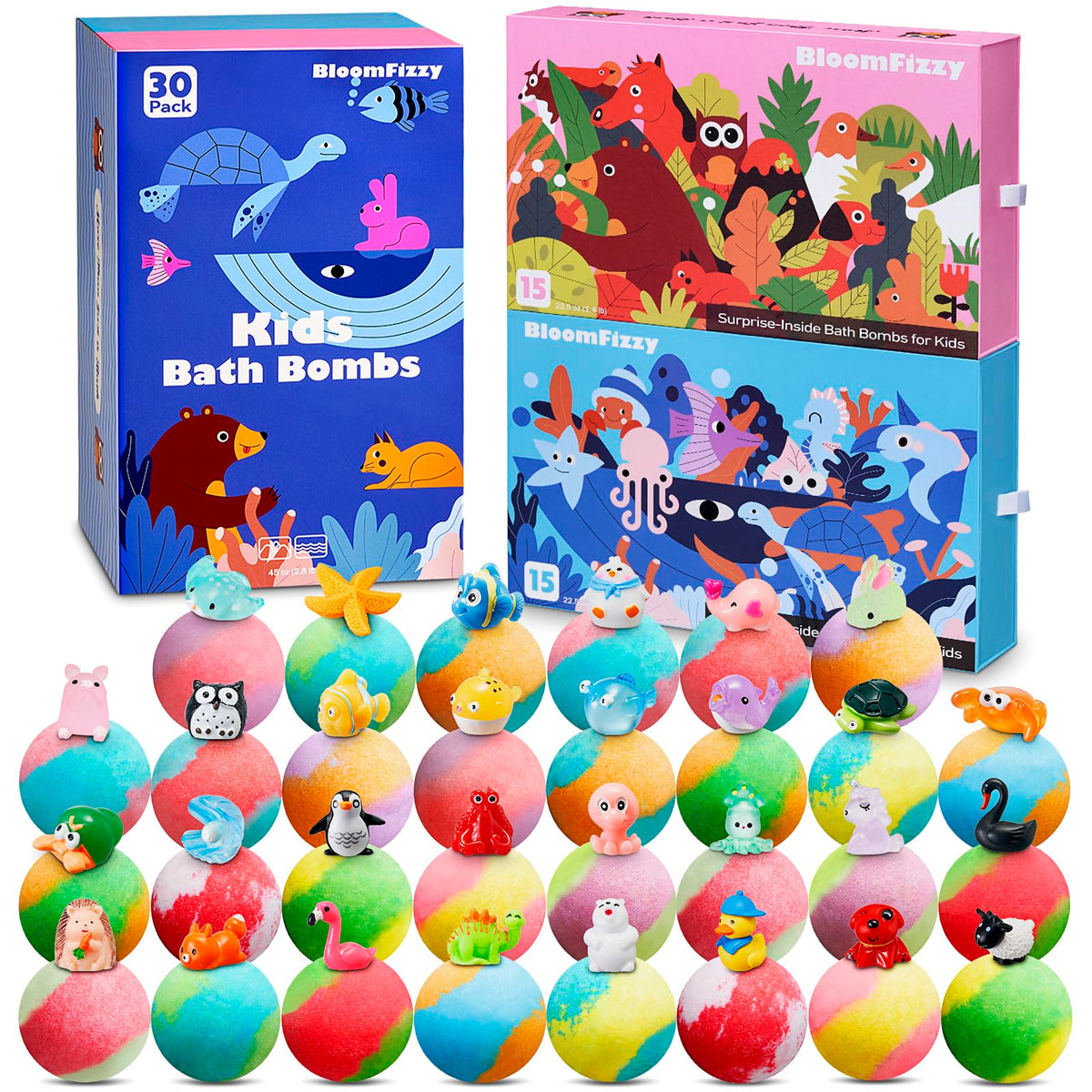 BloomFizzy land and sea bath bombs in box front spark imaginative play.