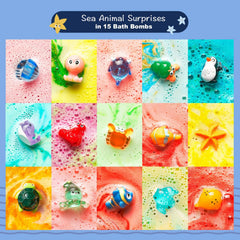 BloomFizzy Sea Surprise bombs dissolving into rainbow water for playful bath time