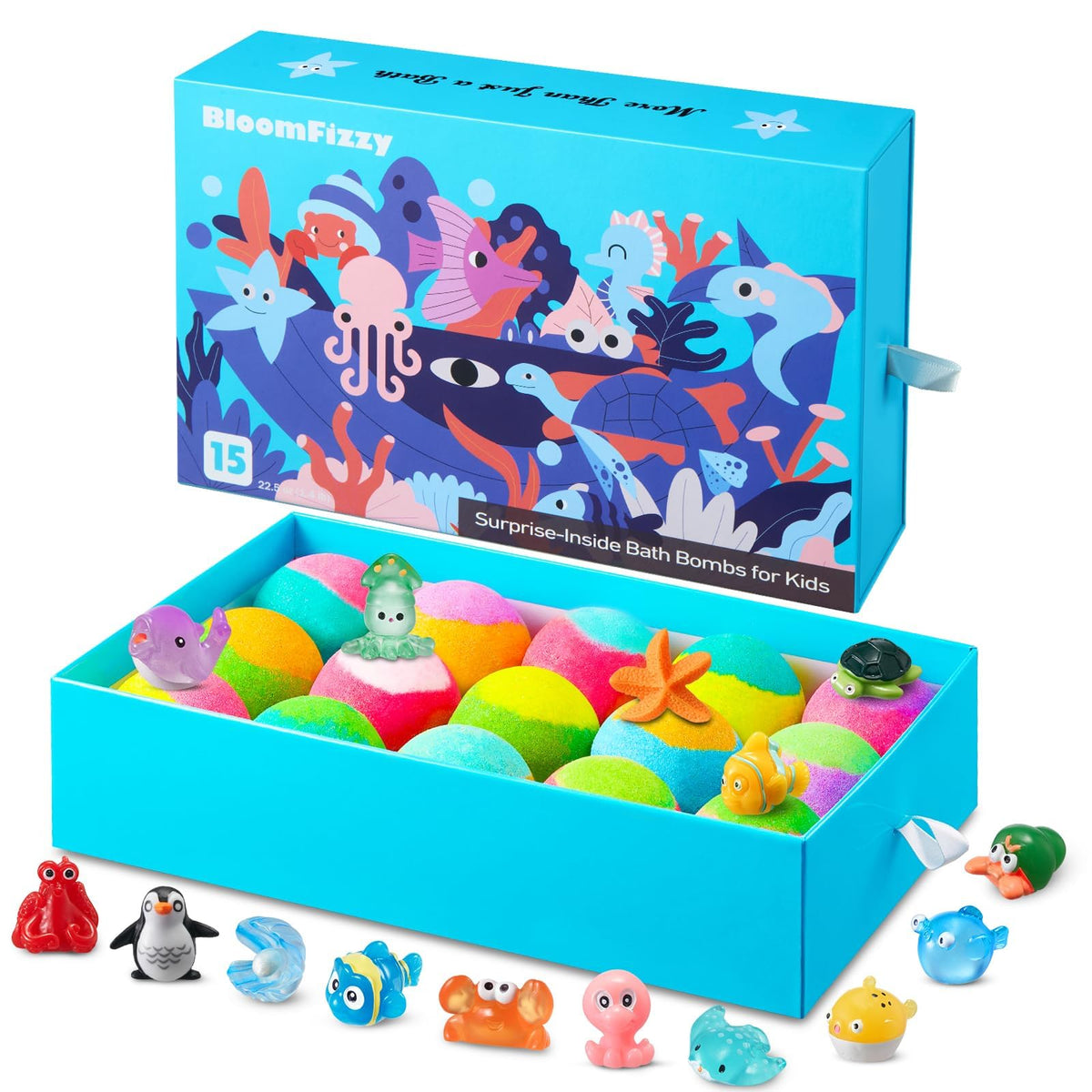 BloomFizzy Sea Surprise bath bombs pack displaying vivid colors for imaginative play