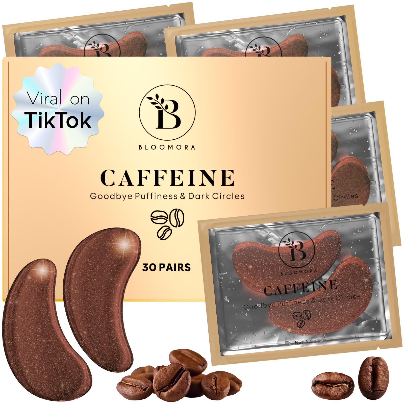 BLOOMORA caffeine under-eye patches ready to reduce puffiness and hydrate the eye area.