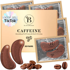 BLOOMORA caffeine under-eye patches ready to reduce puffiness and hydrate the eye area.