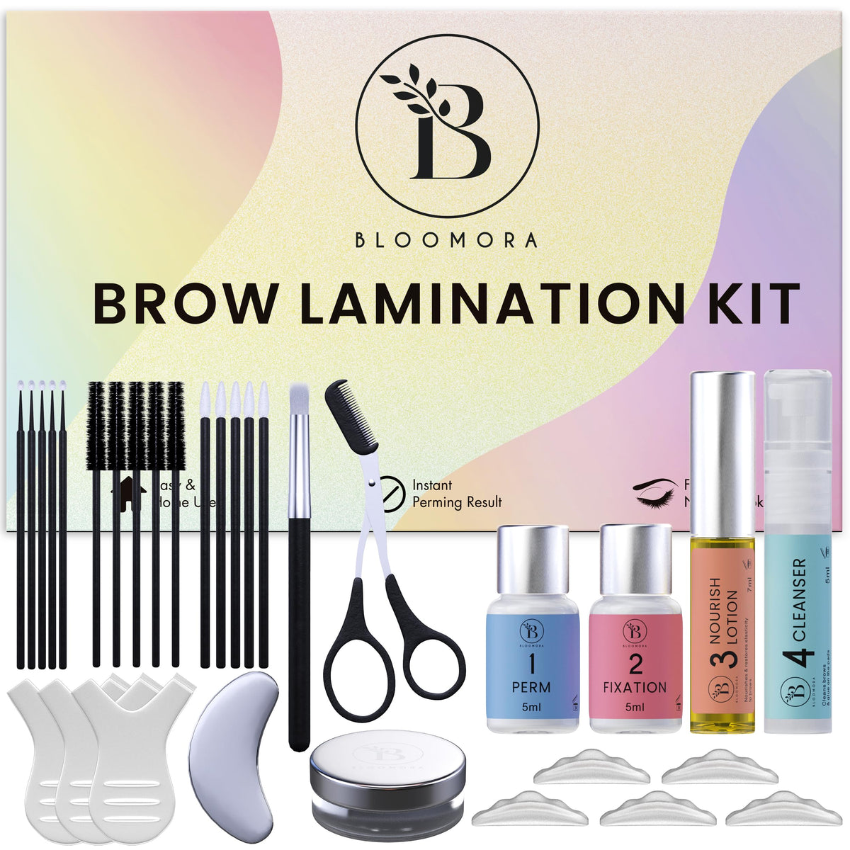 Bloomora Eyebrow Lamination Kit packaging showing complete at-home lift solution for beginners