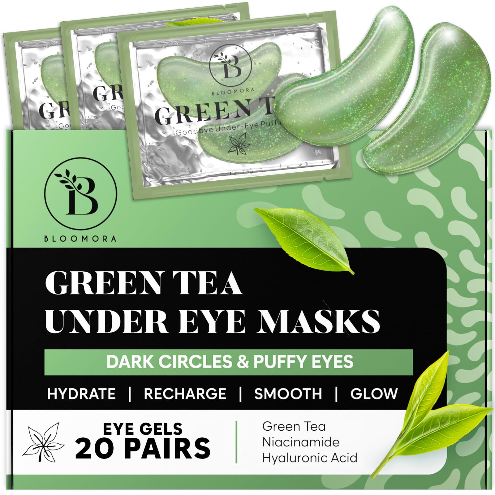 BLOOMORA Green Tea Under Eye Patches pack shot with 20 individual wraps for convenience