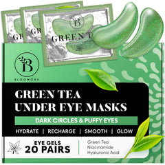 BLOOMORA Green Tea Under Eye Patches pack shot with 20 individual wraps for convenience