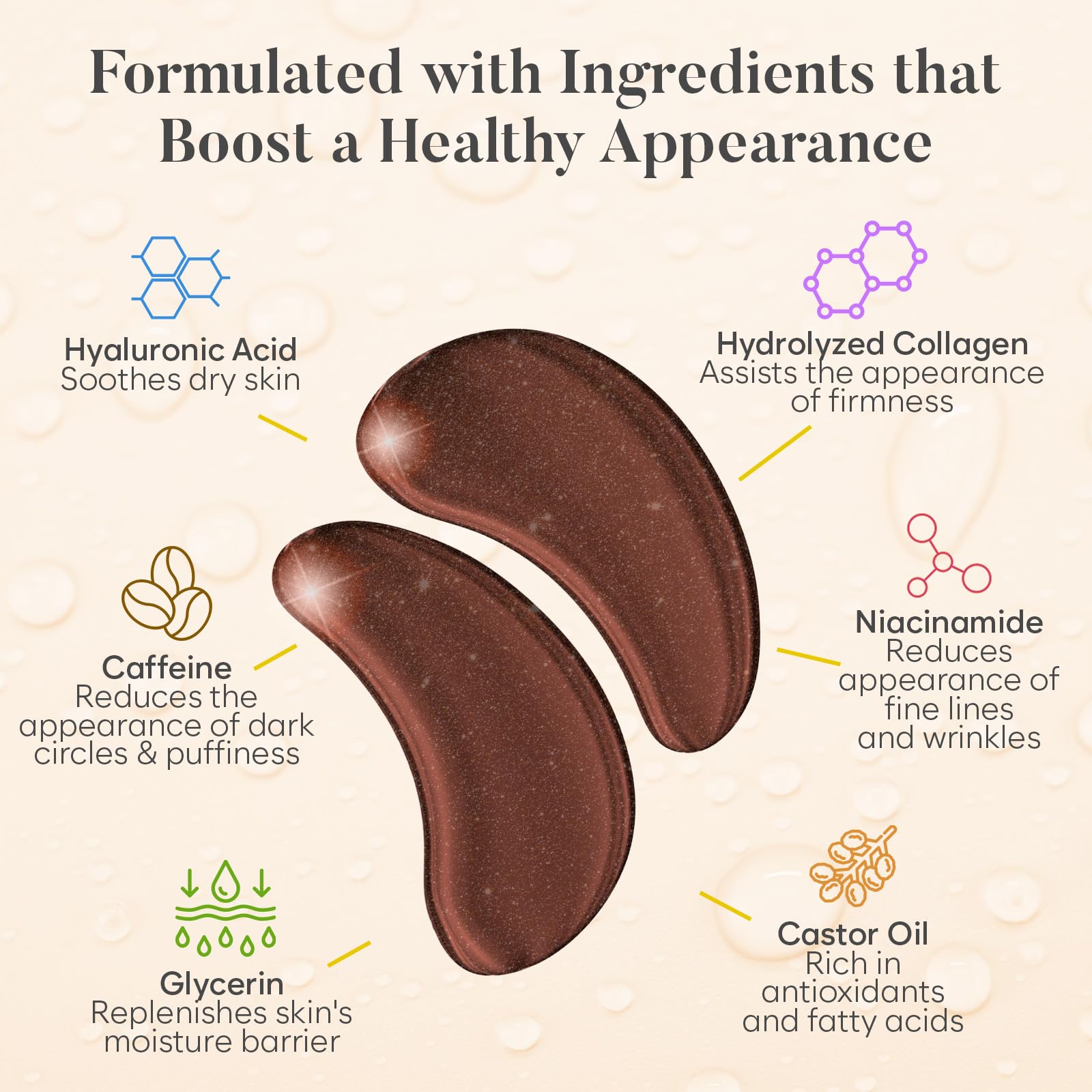 BLOOMORA hyaluronic acid eye patches provide intense hydration for the delicate under-eye skin.