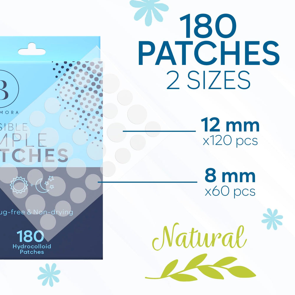 BLOOMORA hydrocolloid patches in 8mm and 12mm sizes to cover blemishes.