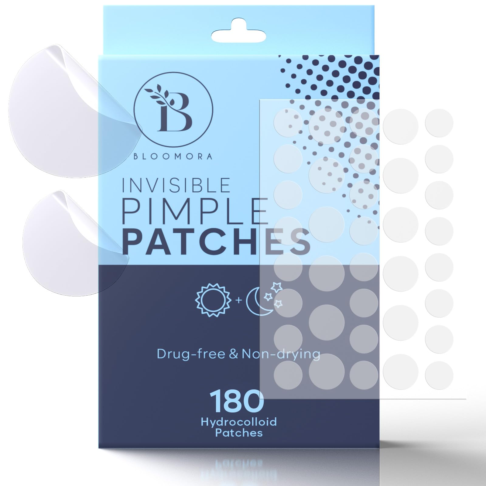 BLOOMORA invisible pimple patches box 180 count for discreet blemish protection.