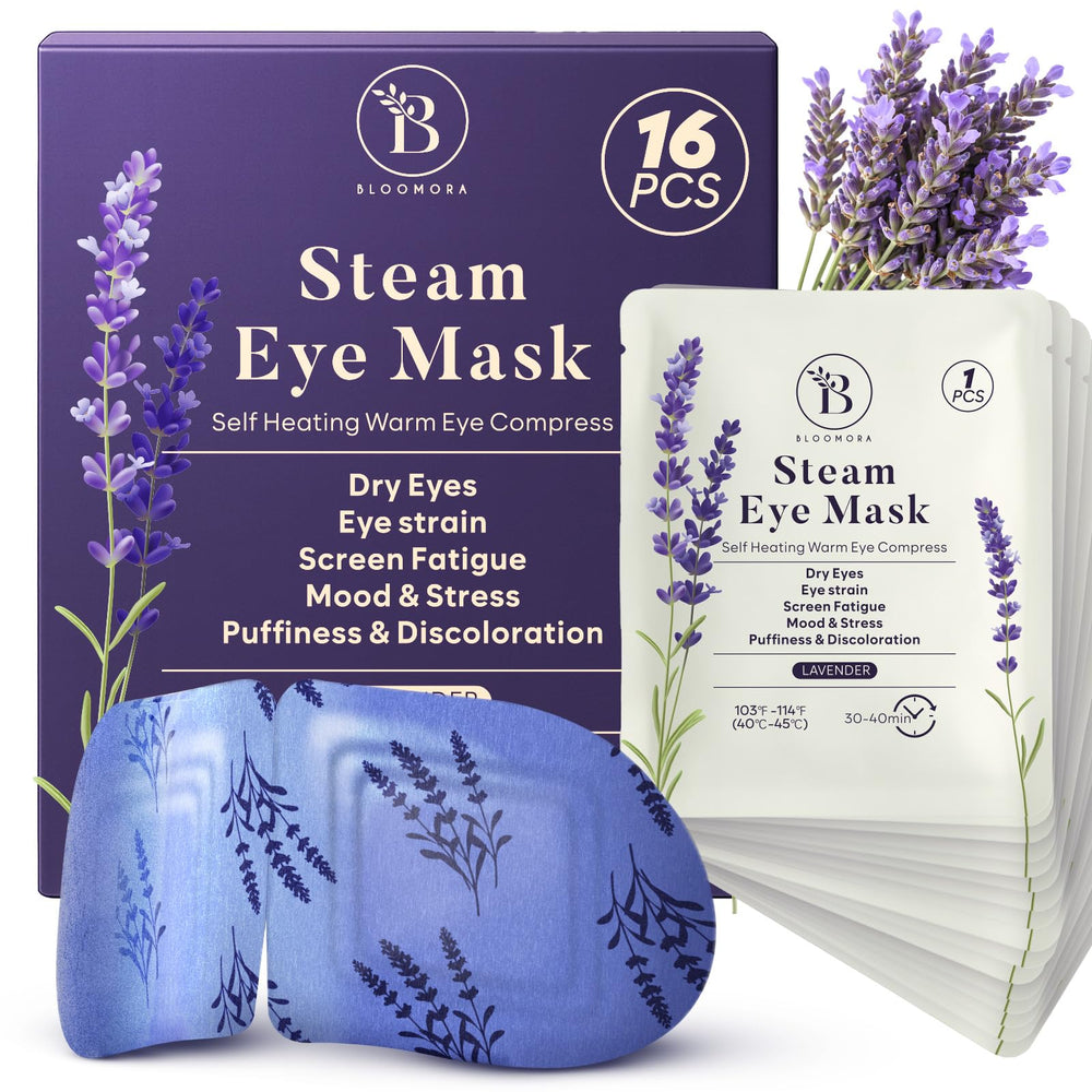 BLOOMORA lavender steam eye mask packaging highlights travel-ready relaxation.