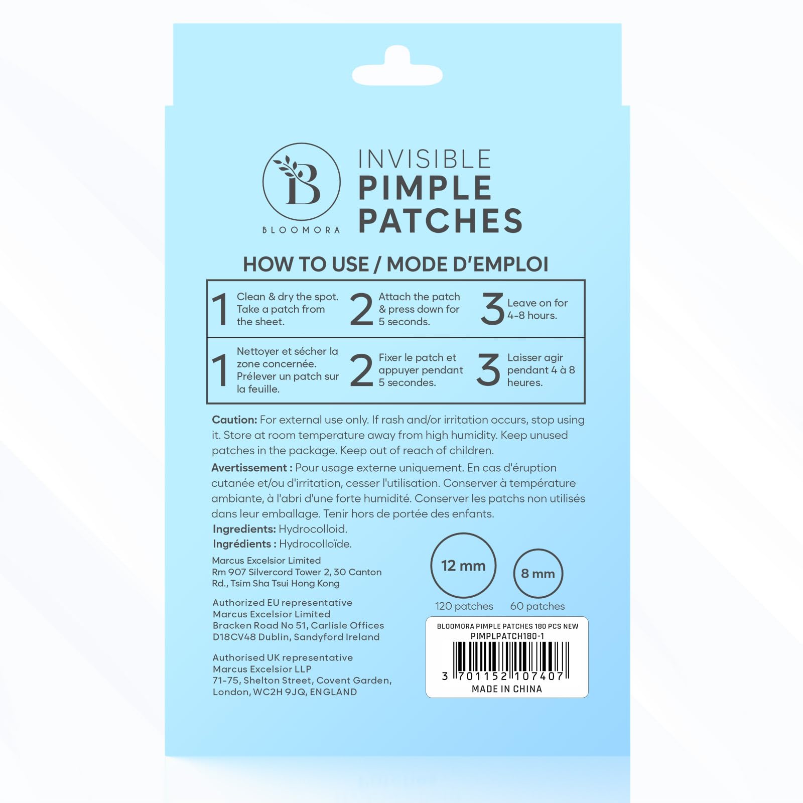 BLOOMORA packaging shows protective film for easy patch removal.