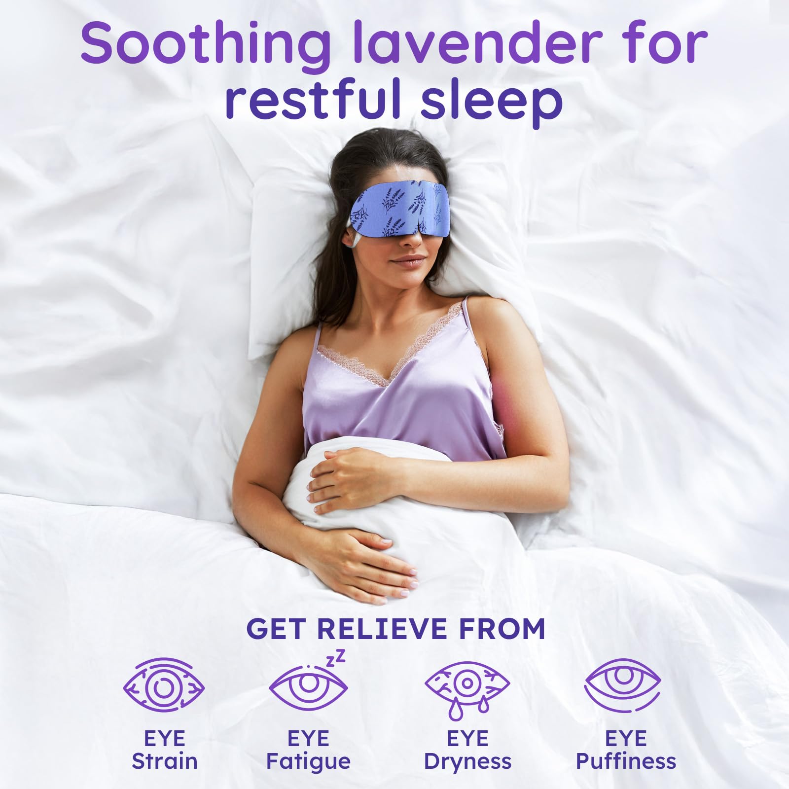 BLOOMORA self-heating eye mask open box showing convenient, cord-free warmth for relaxation.