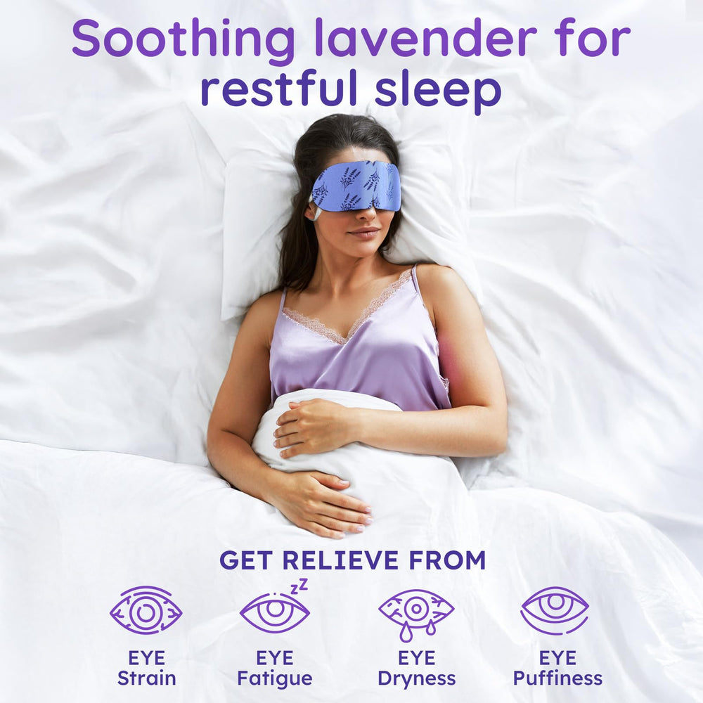 BLOOMORA self-heating eye mask open box showing convenient, cord-free warmth for relaxation.
