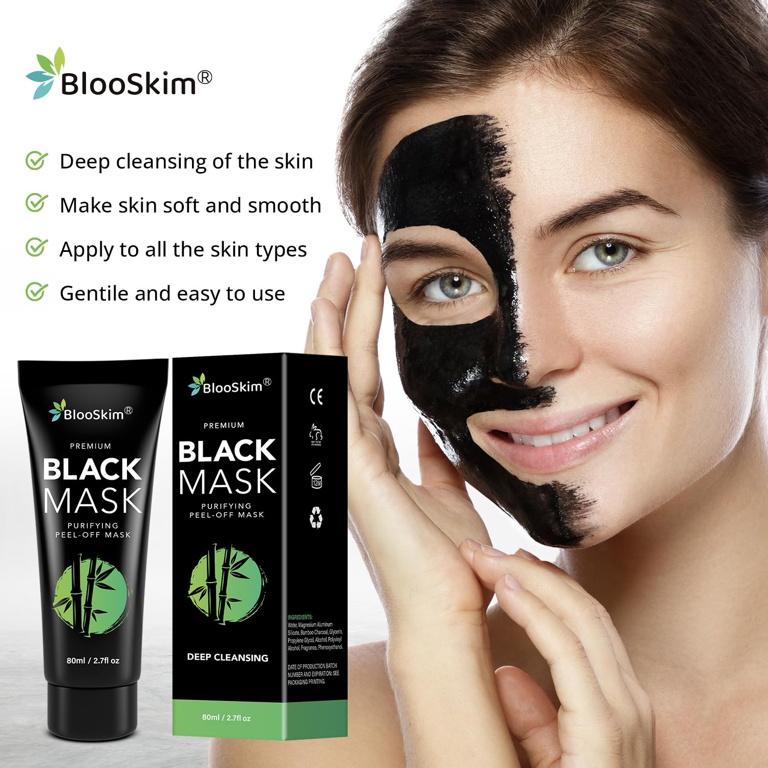 Blooskim Blackhead Remover Mask application close-up shows even coverage.