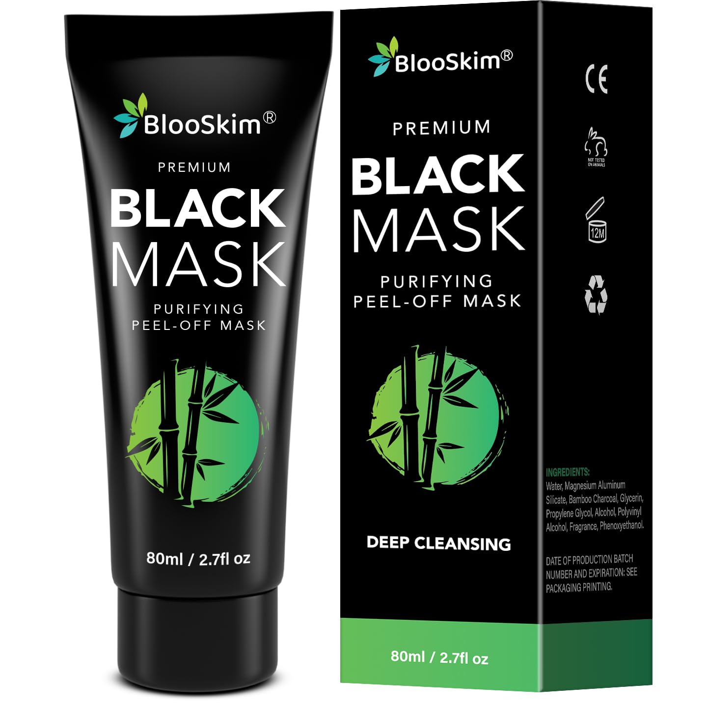 Blooskim Blackhead Remover Mask packaging highlights charcoal formula for deep cleansing.