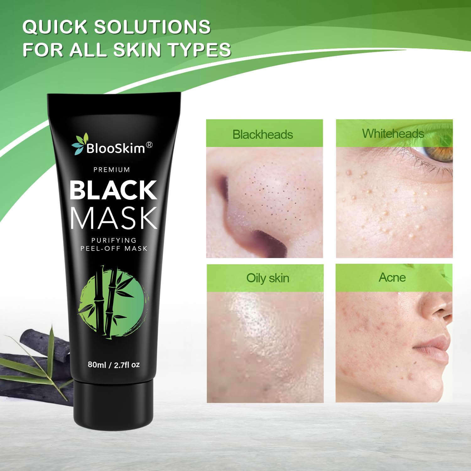 Blooskim charcoal mask close-up emphasizes charcoal pore cleansing.