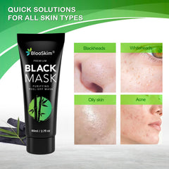 Blooskim charcoal mask close-up emphasizes charcoal pore cleansing.