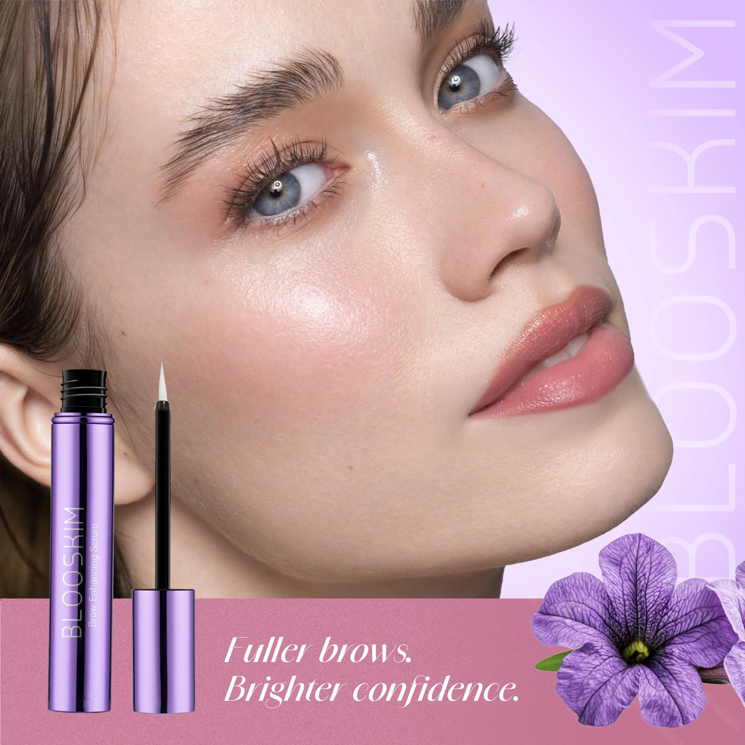Blooskim closeup label emphasizing natural, safe brow care