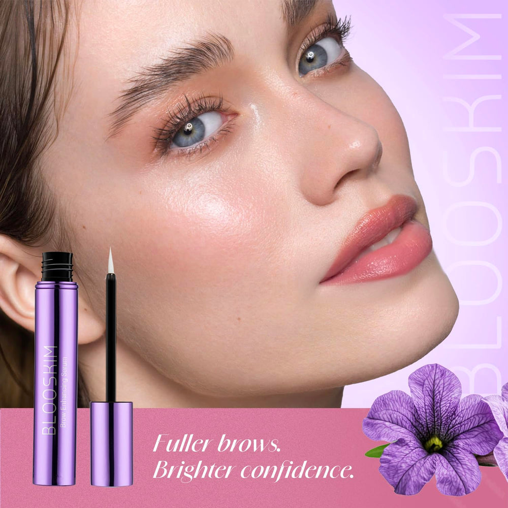 Blooskim closeup label emphasizing natural, safe brow care