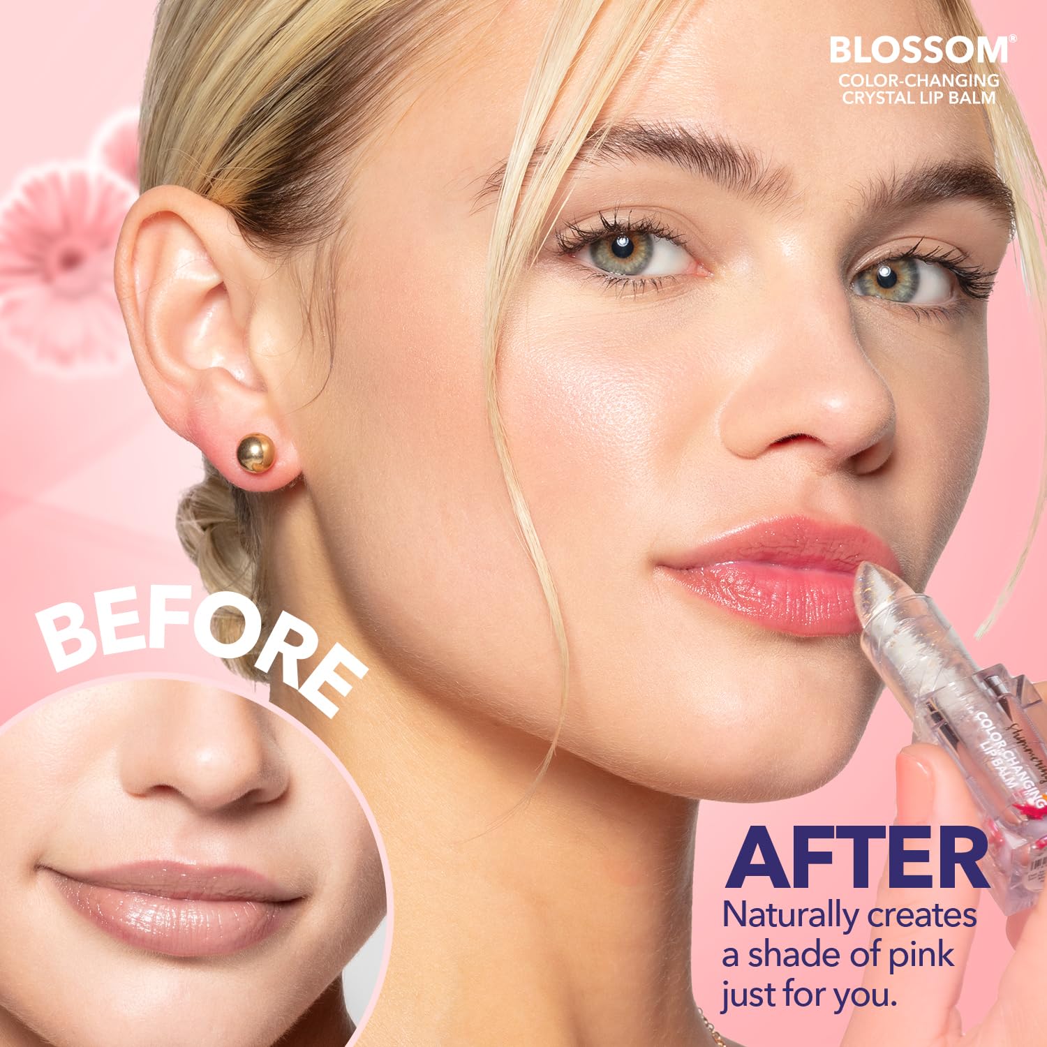 Blossom lip gloss with gold flakes shimmer provides subtle sparkle on lips.