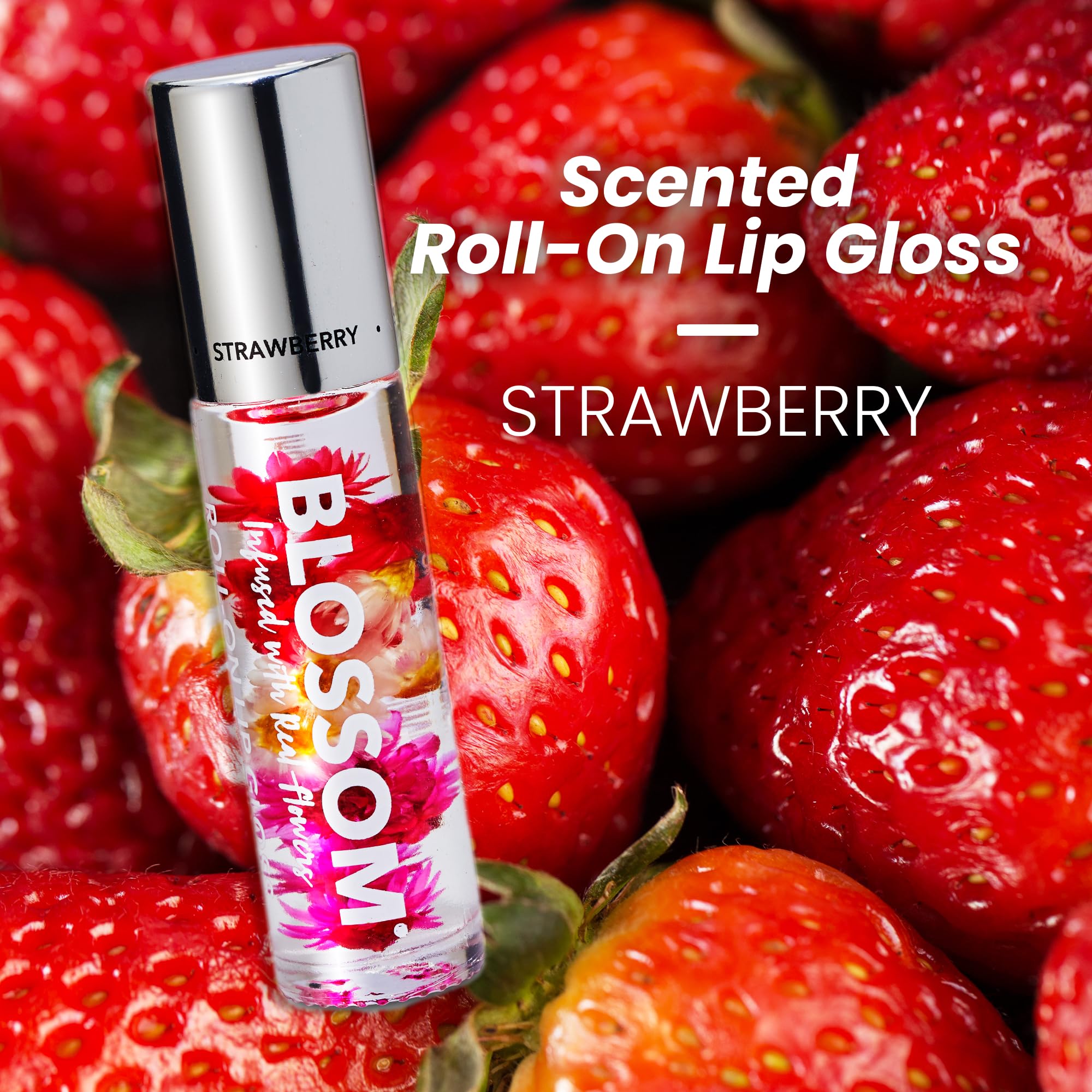 Blossom Roll-On Lip Gloss real-flowers-closeup highlights luxury floral infusion