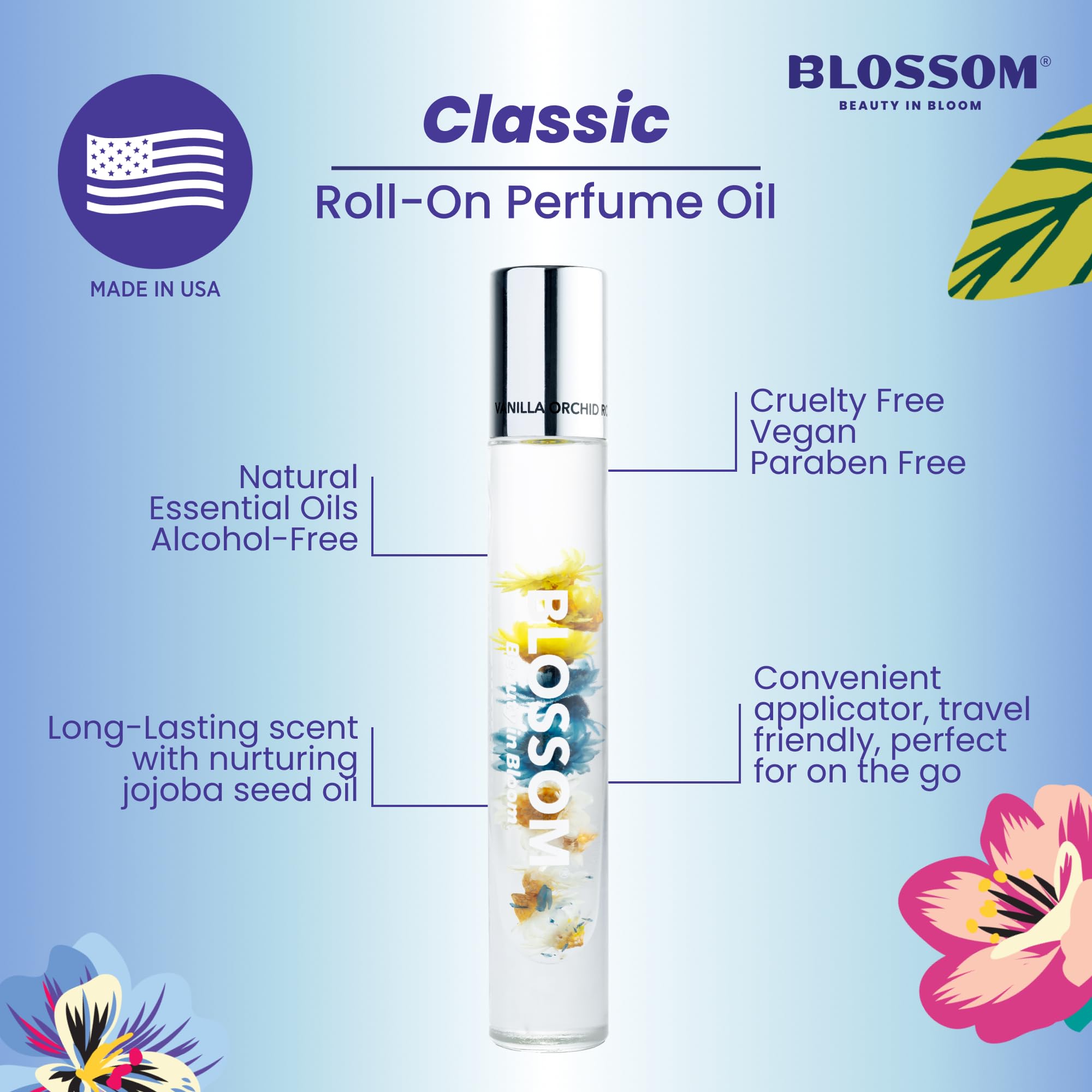 Blossom Vanilla Orchid oil blends avocado seed and rosehip seed oils for fragrance nourishment