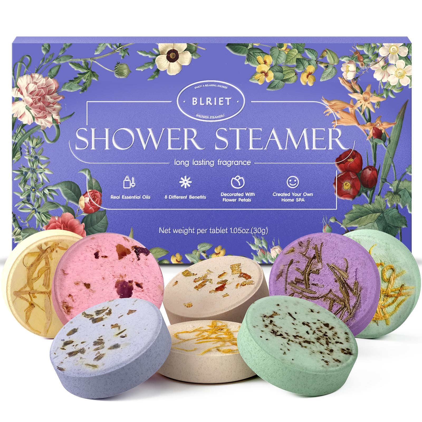 BLRIET 8-pack shower steamer lavender for a calming shower ritual.