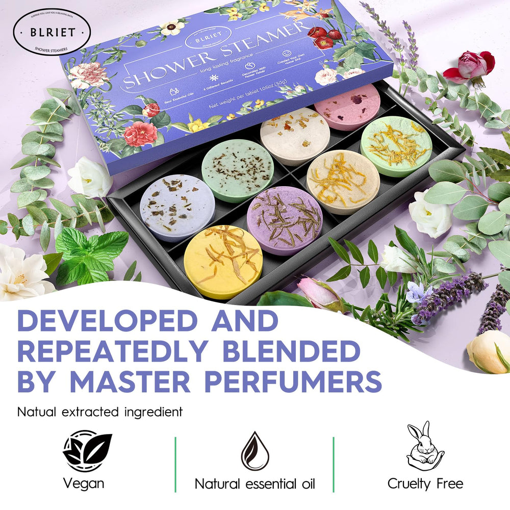 BLRIET shower steamers in a cozy bathroom scene promote spa-like relaxation.
