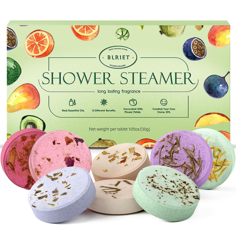 BLRIET shower steamers 8-pack in fruit scents provide a gift-ready, relaxing home spa ritual.