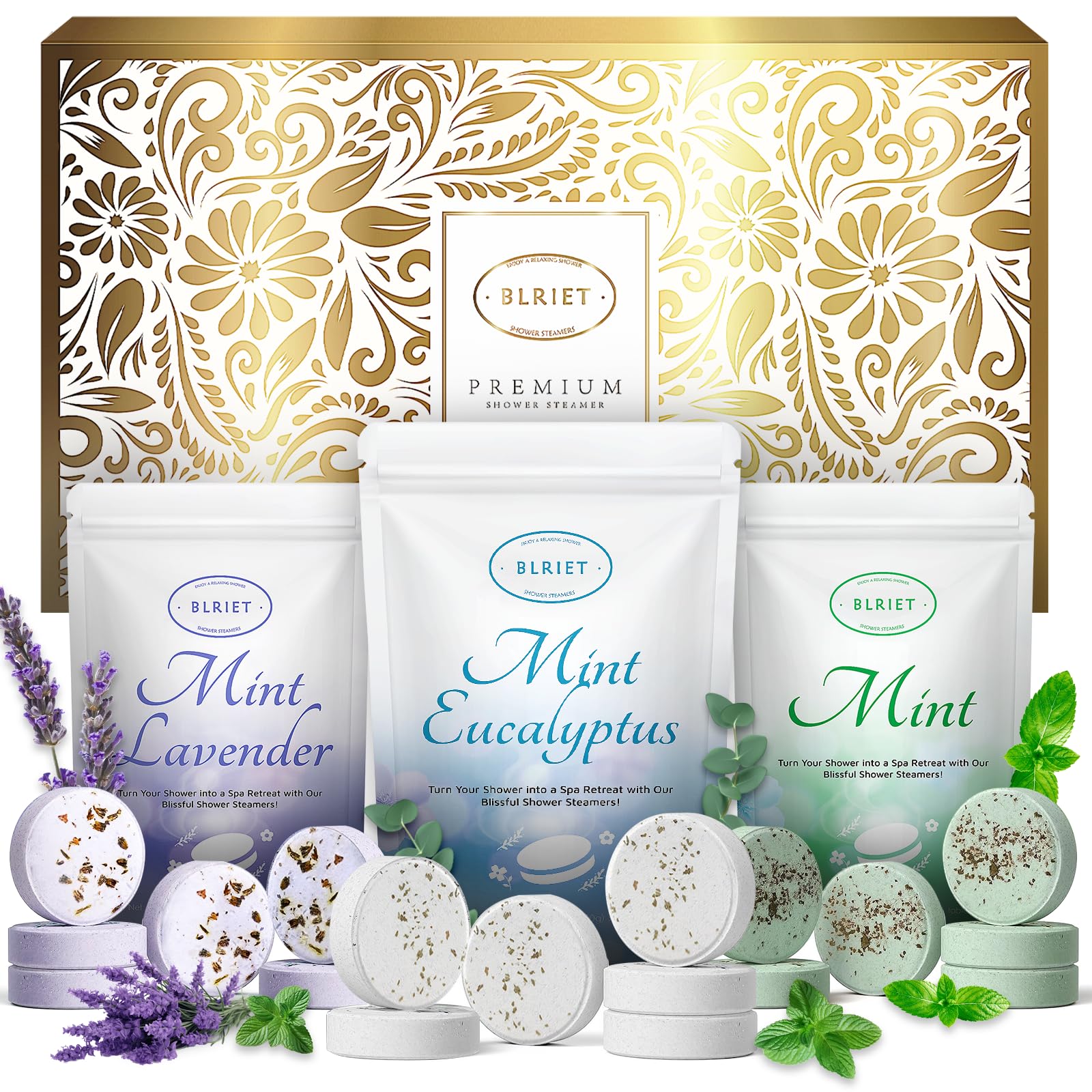 BLRIET Shower Steamers gift box shows an 18-pack aromatherapy set for thoughtful gifting.