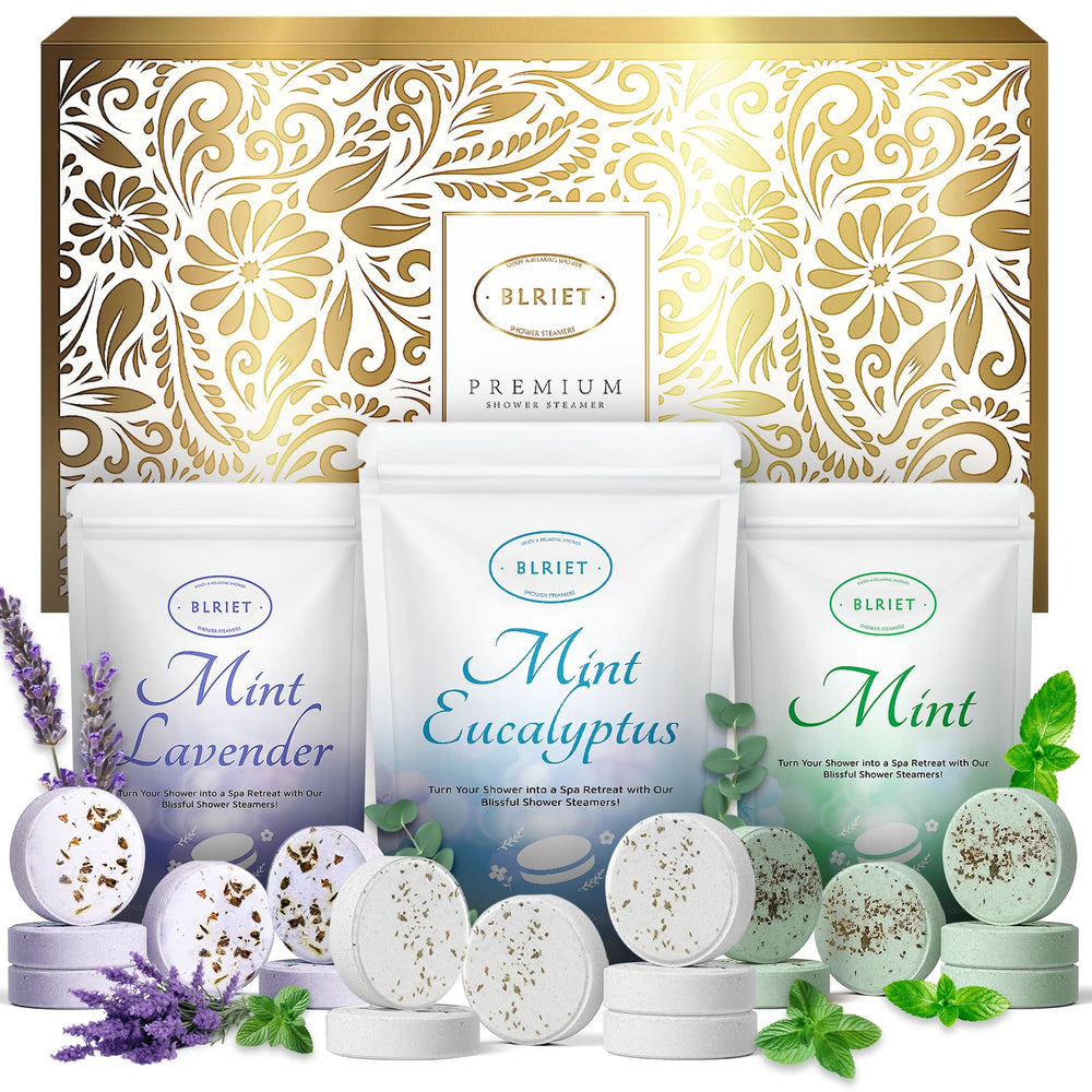 BLRIET Shower Steamers gift box shows an 18-pack aromatherapy set for thoughtful gifting.