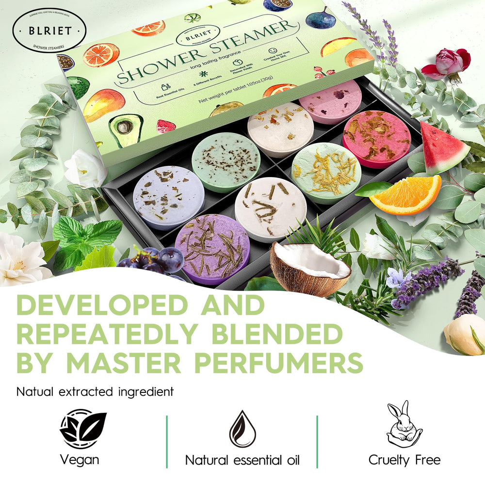 BLRIET in-shower steam release visual shows aroma enveloping you during a refreshing routine.