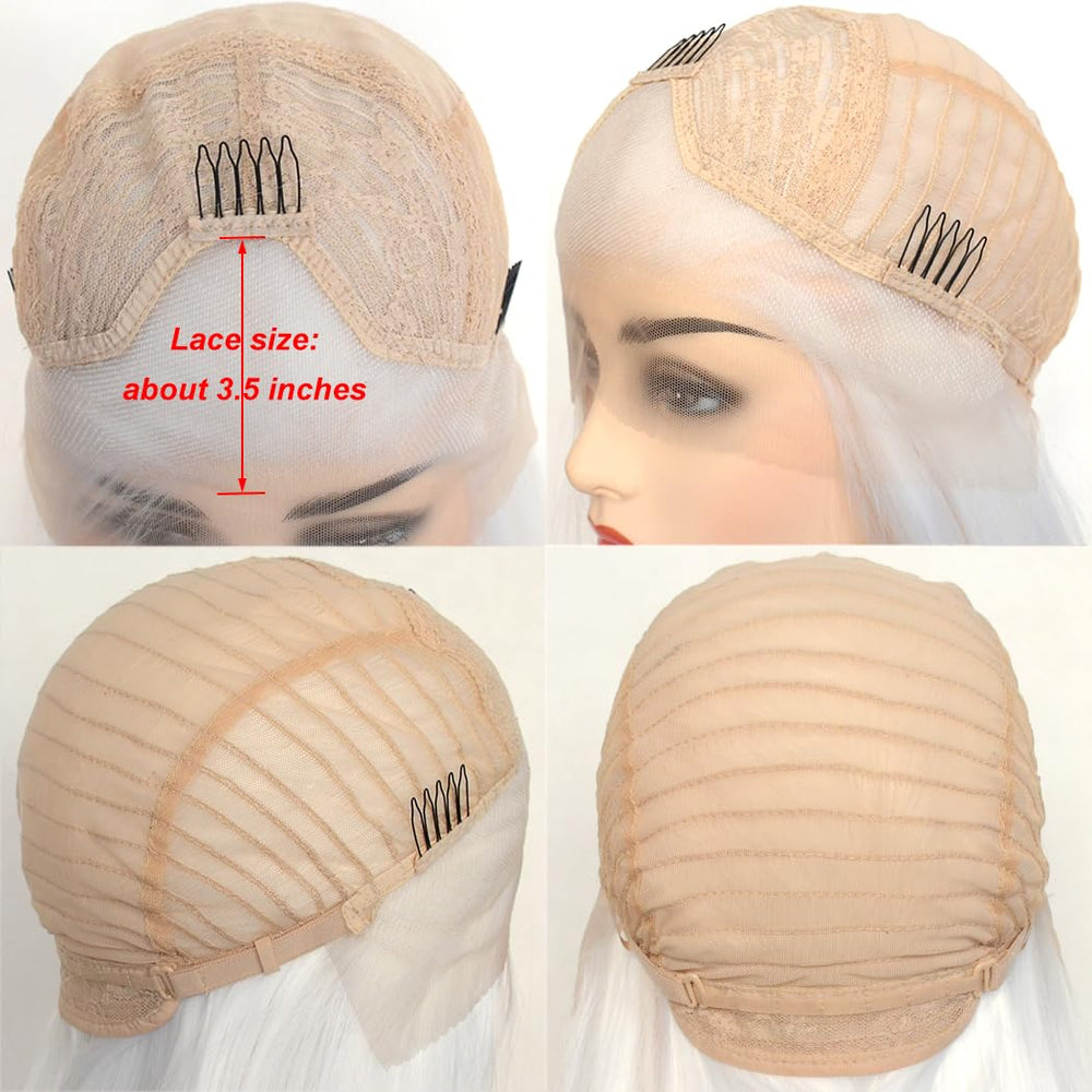 BLUPLE platinum white wig on head shot showcases bold color for cosplay