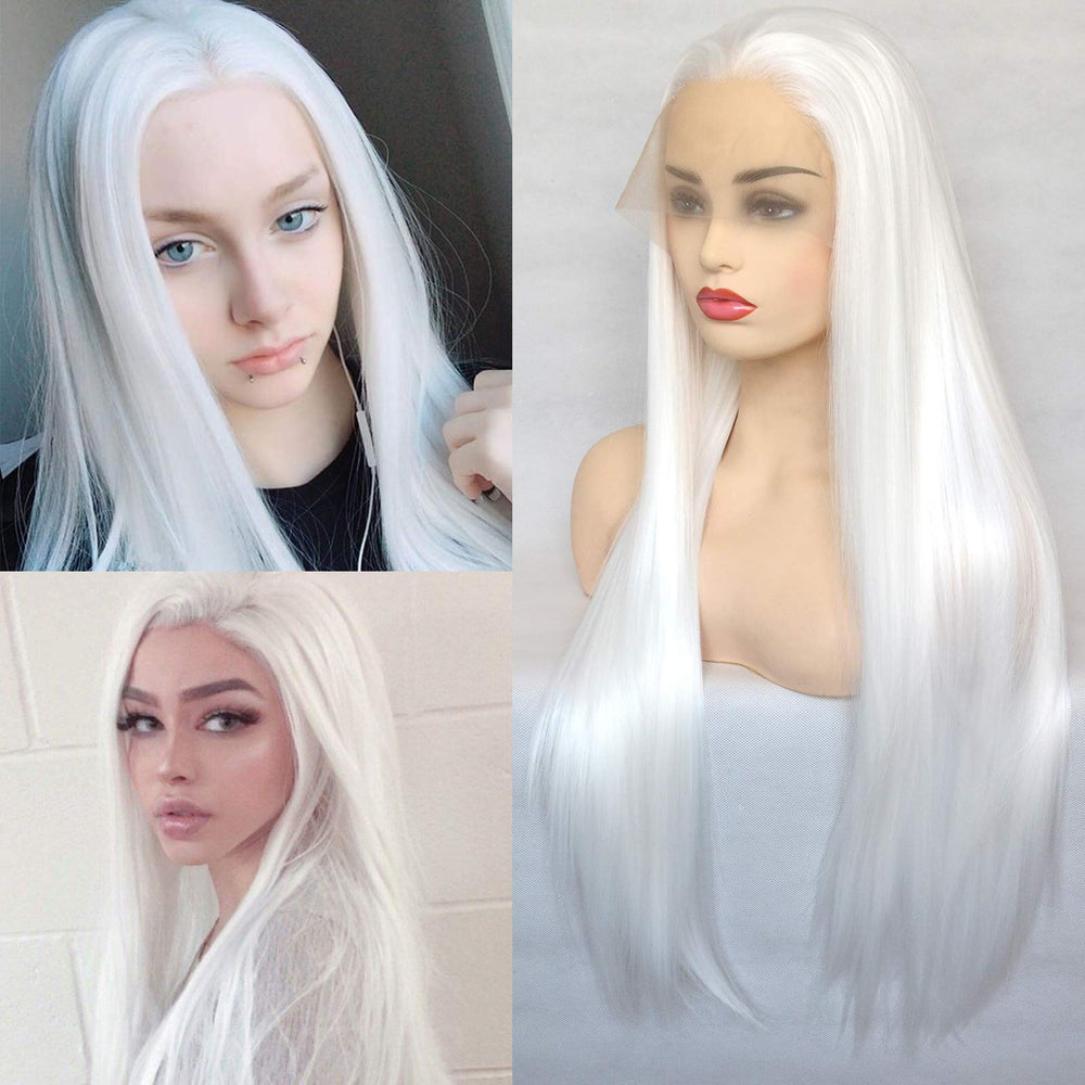BLUPLE Long Straight Lace Front Wig 1001 platinum white with natural movement for everyday styling