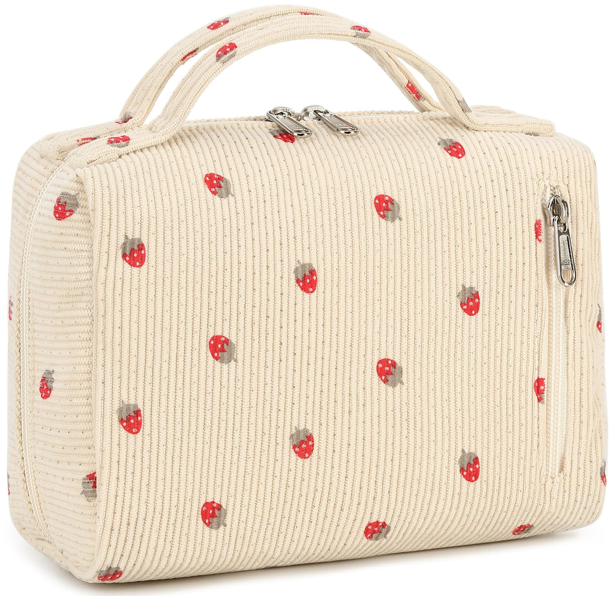 Bluboon makeup bag front view in strawberry corduroy beige for everyday organization