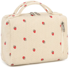 Bluboon makeup bag front view in strawberry corduroy beige for everyday organization