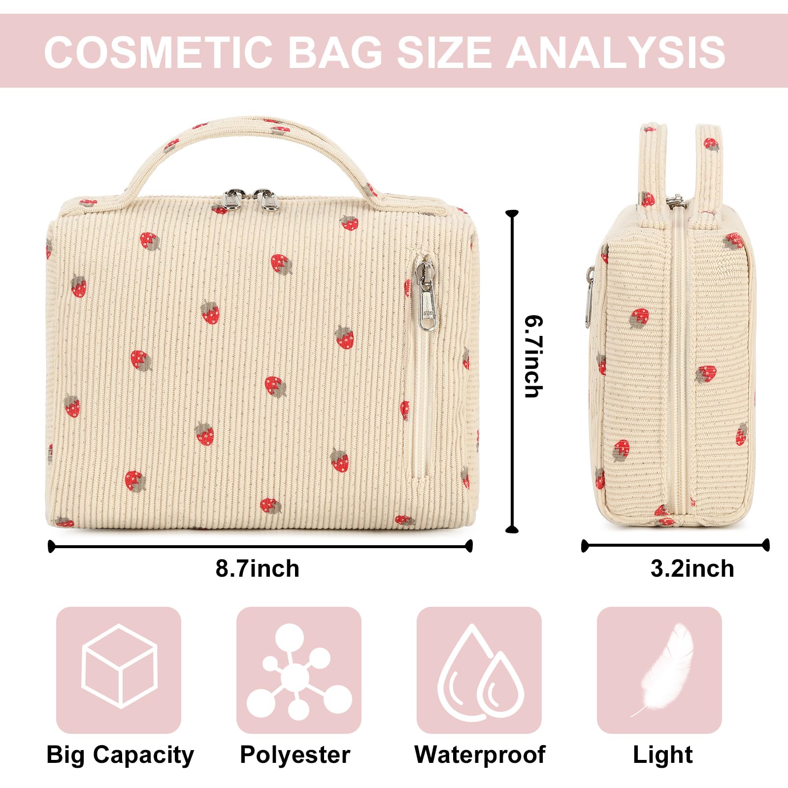 Bluboon makeup bag side gusset detail enabling compact packing and secure items