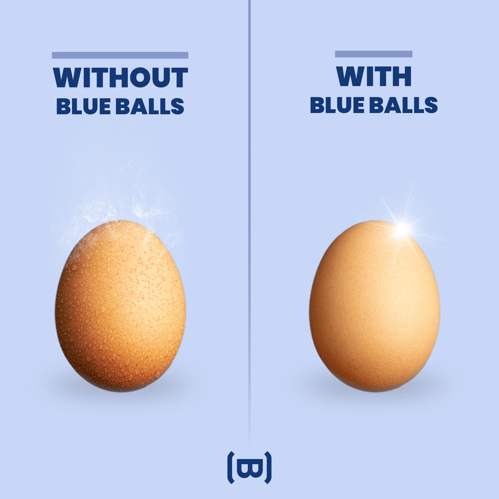 Blue Balls sweat-odor-protection close-up suggests all-day dryness and odor defense.