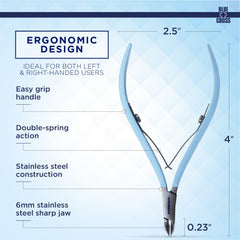 Blue Cross Cuticle Nipper blade close-up highlighting sharp stainless steel blades