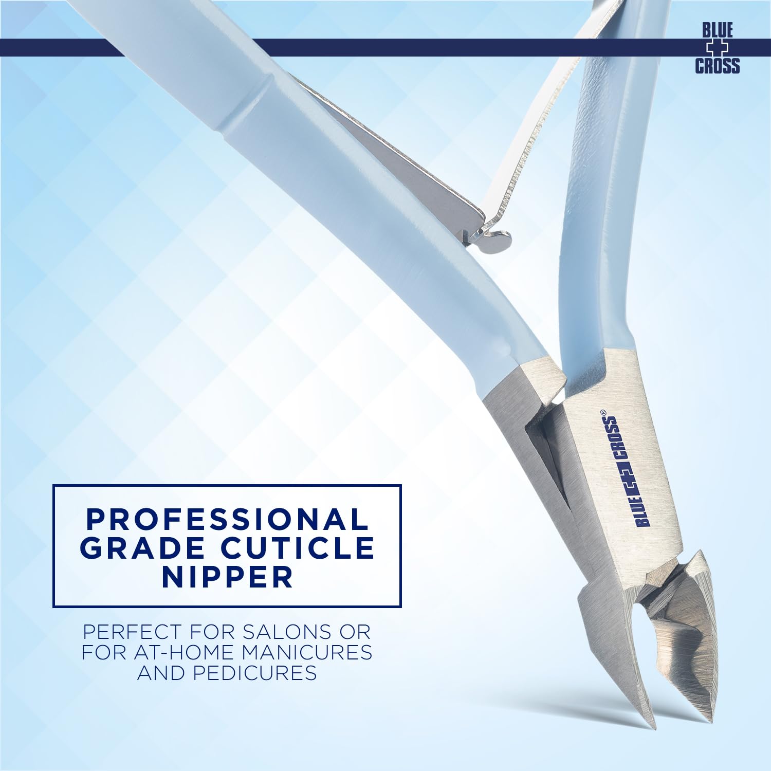 Blue Cross Cuticle Nipper in hand demonstrates comfortable grip for control