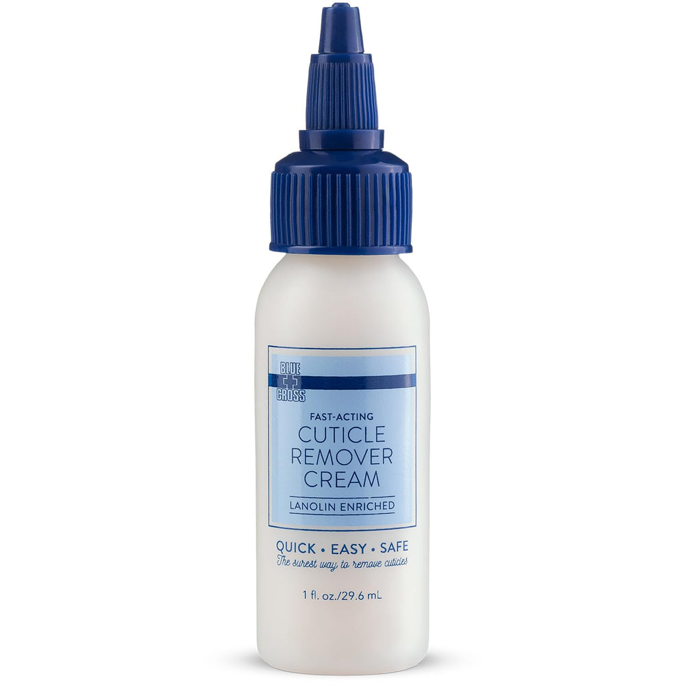 Blue Cross cuticle oil bottle highlights natural ingredients for nourished, hydrated nail beds.