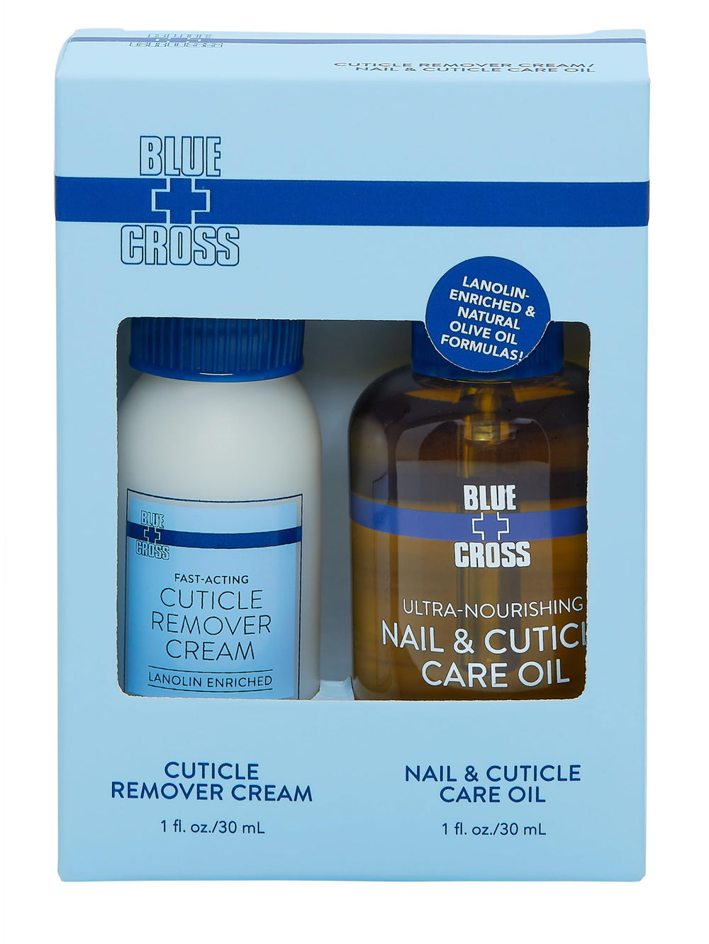Blue Cross cuticle remover cream bottle demonstrates quick nail prep for tidy cuticles.