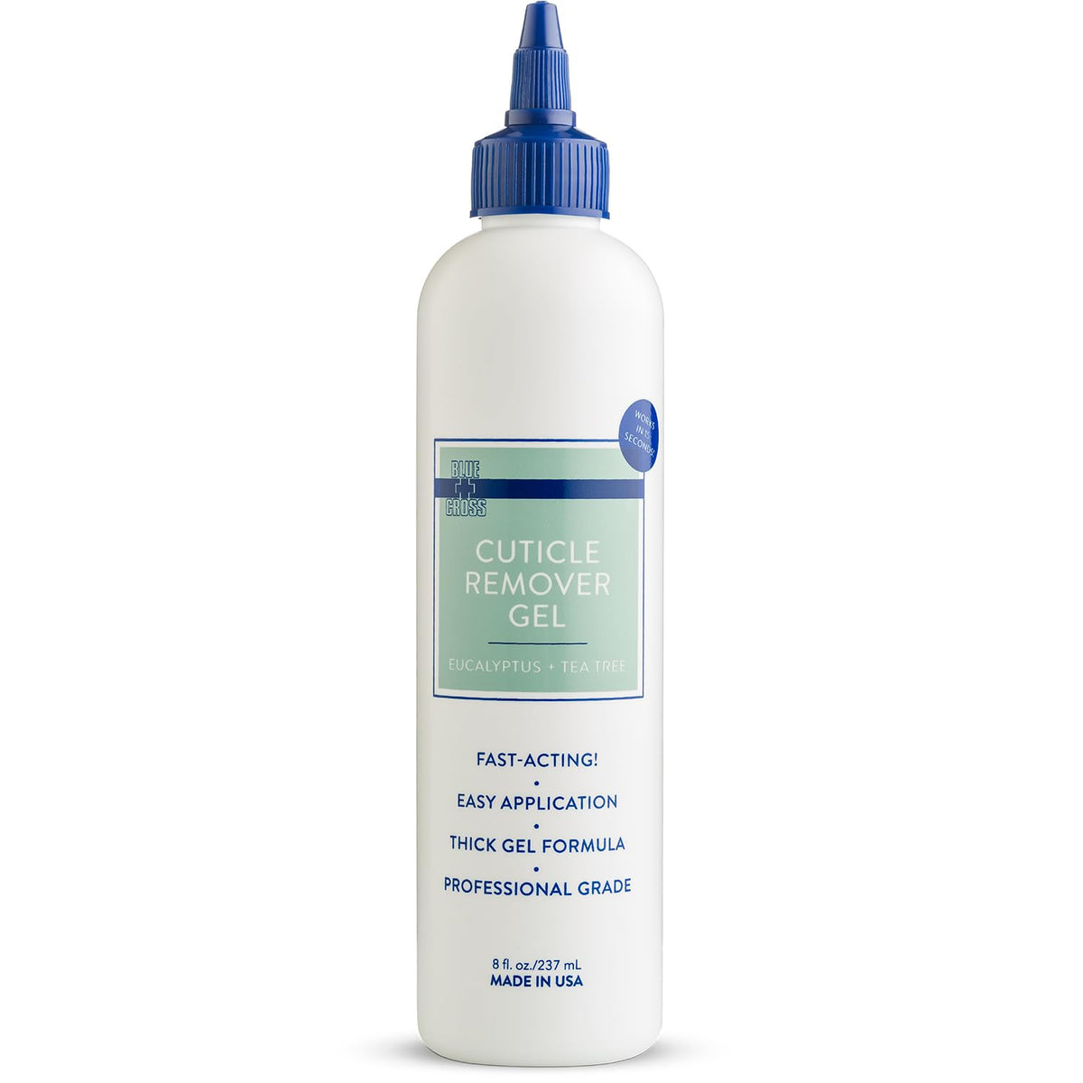 Blue Cross Cuticle Remover Liquid Gel bottle on a clean workspace for fast cuticle softening.