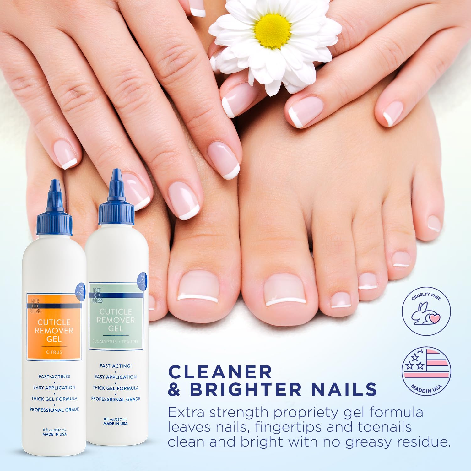 Blue Cross Cuticle Remover Liquid Gel bottle dissolving a hangnail action.
