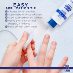 Blue Cross cuticle remover on nails close-up for smooth cuticles