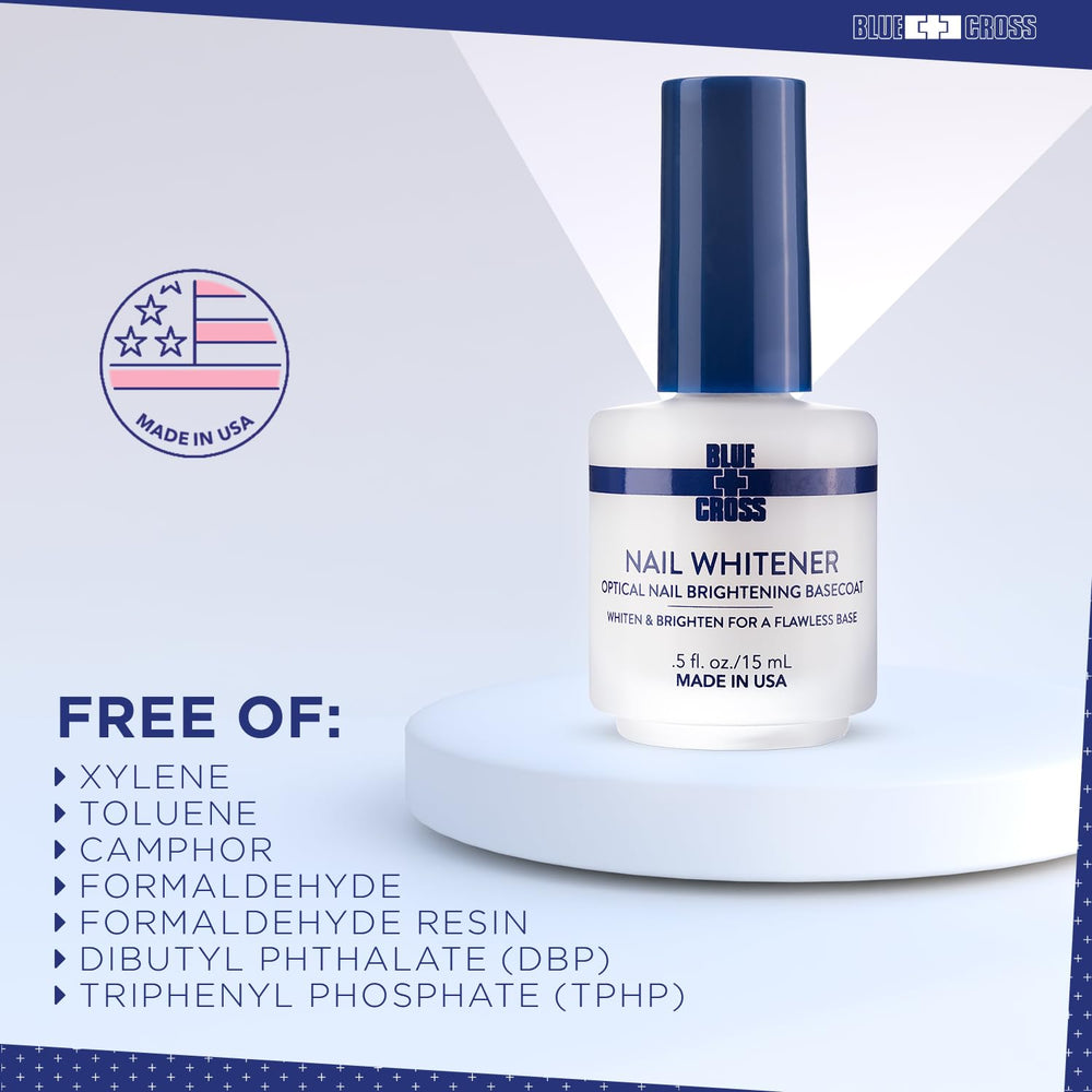 Blue Cross nail care ingredients Vitamin E highlighted for nourishment.