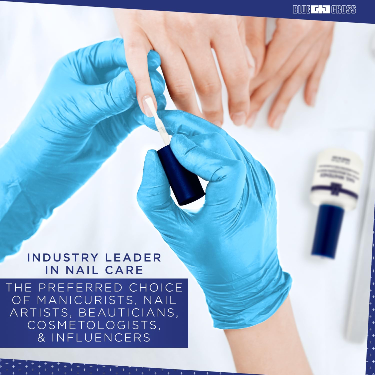 Blue Cross nail care line professional branding showcases salon-grade products.