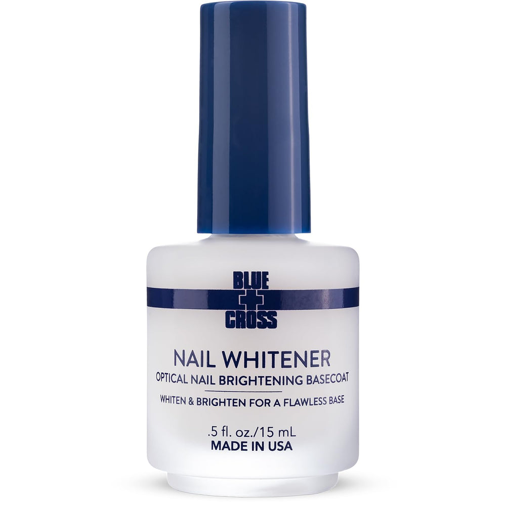 Blue Cross Nail Whitener bottle close-up shows brightening formula for brighter nails.