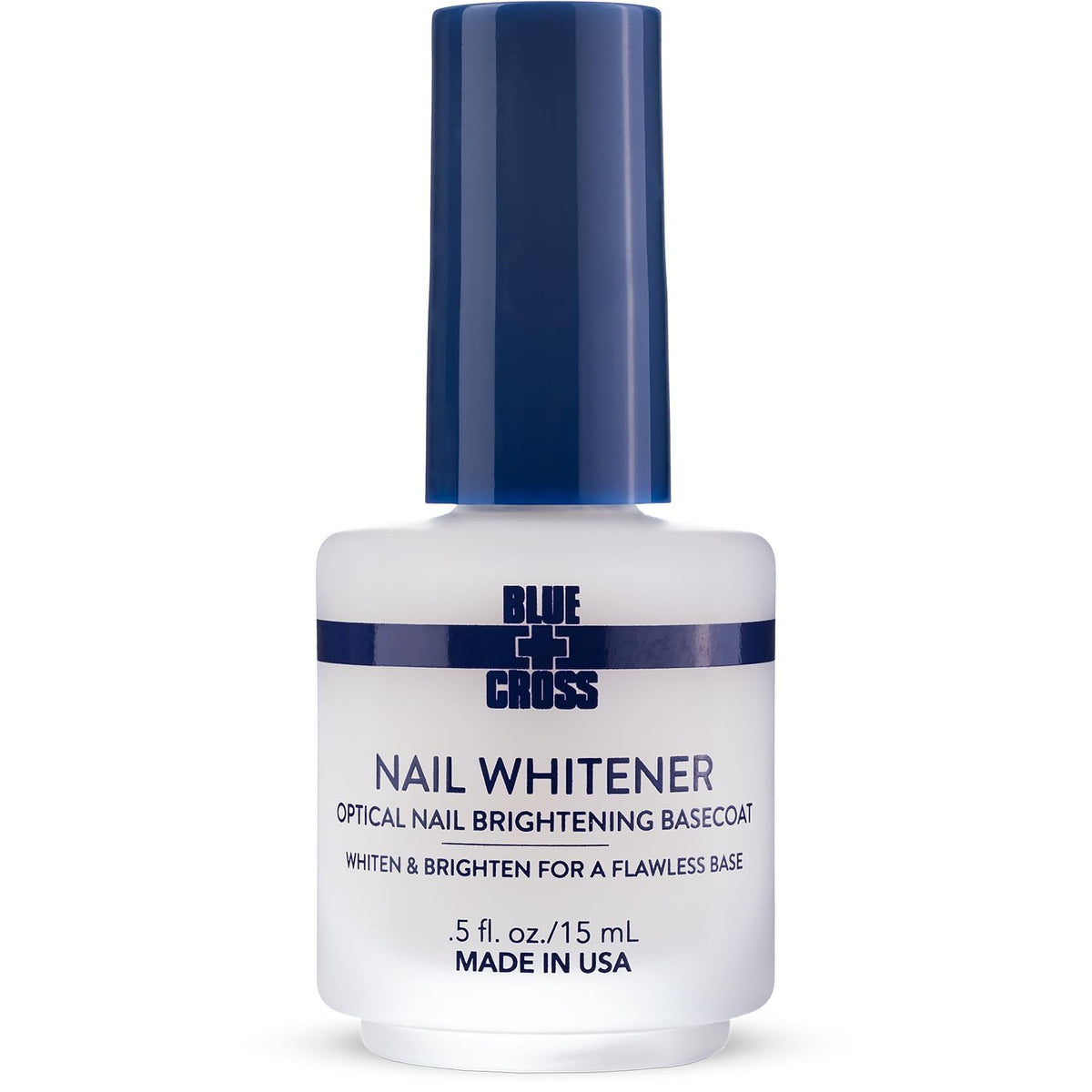 Blue Cross Nail Whitener bottle close-up shows brightening formula for brighter nails.