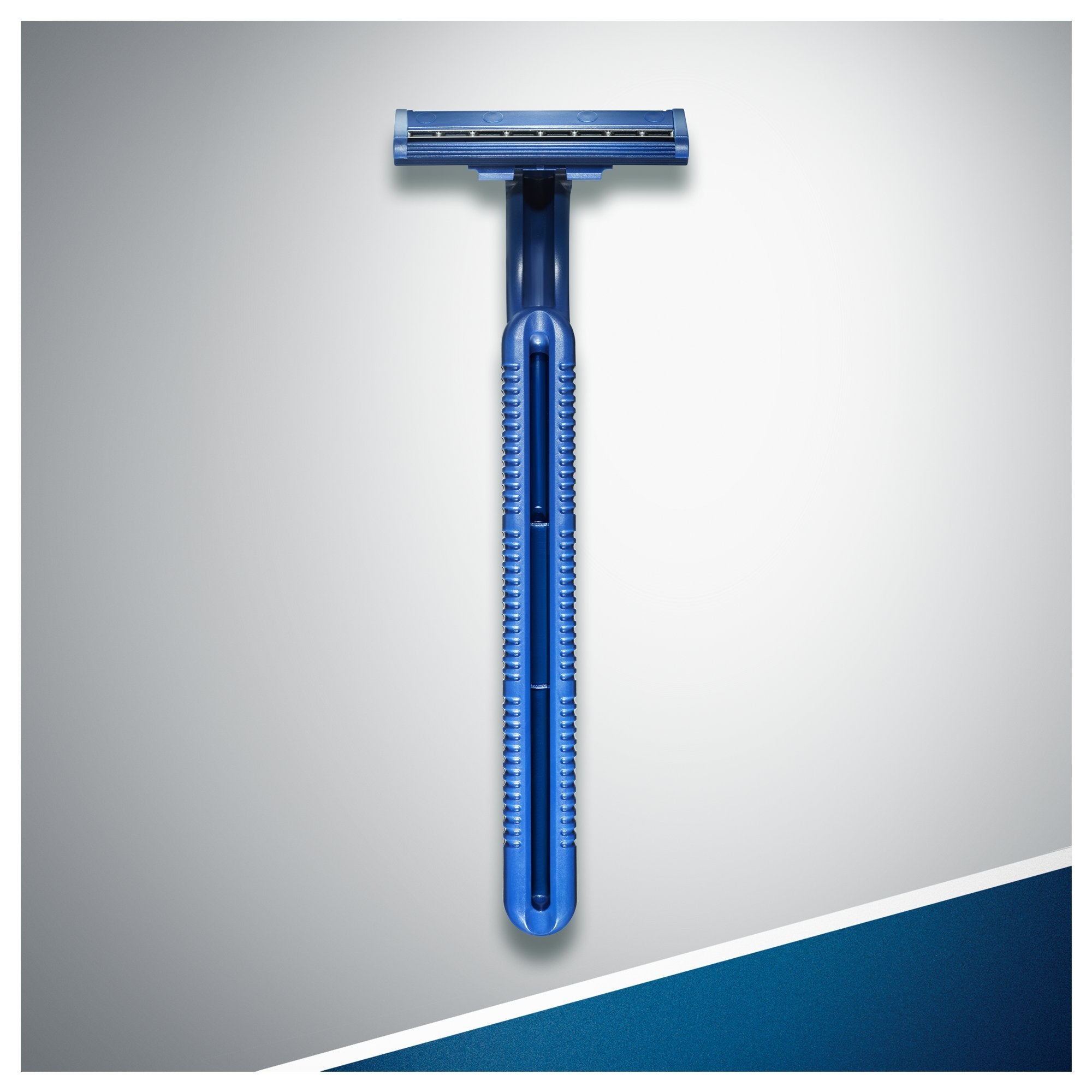 Blue II packaging closeup shows compact travel-ready razor pack
