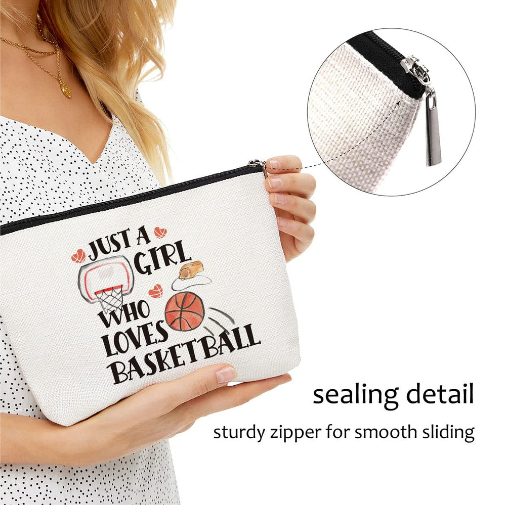 Blue Leaves basketball makeup bag compact interior fits lipstick, brushes, and minis.